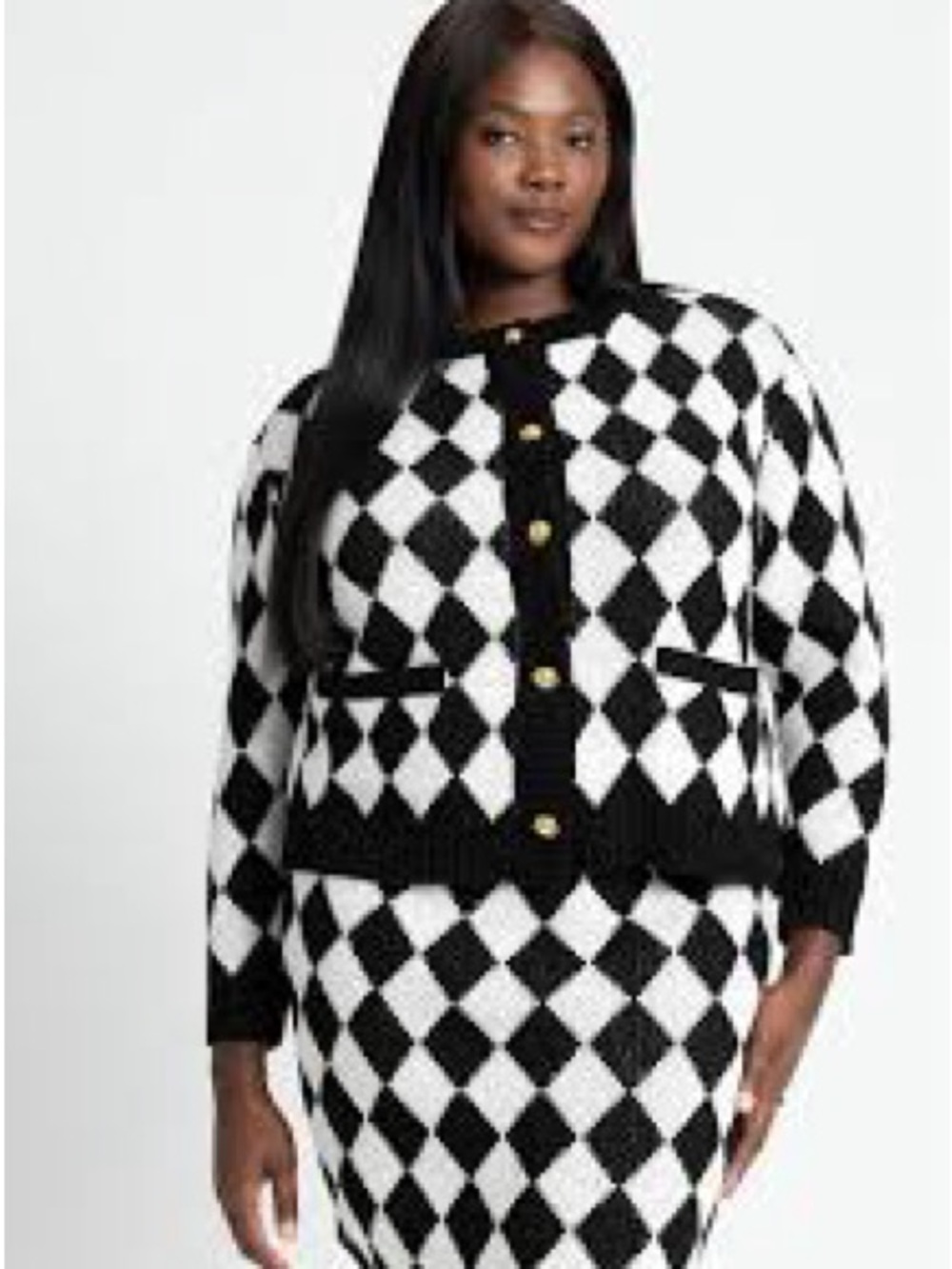 Eloquii Black and White Diamond Knit Cardigan